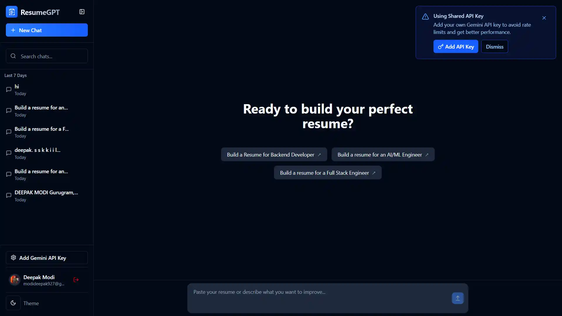 ResumeGPT AI Chat Interface